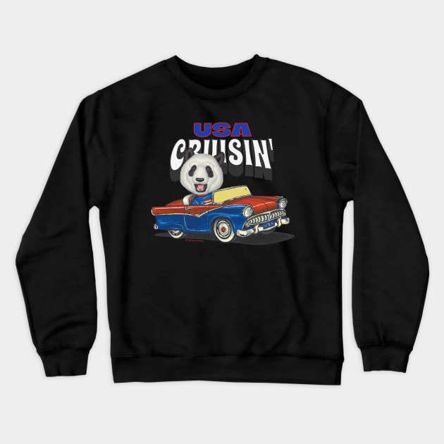 Adorable funny and cute Panda Bear is cruising through the USA while driving a vintage car Crewneck Sweatshirt by Danny Gordon Art